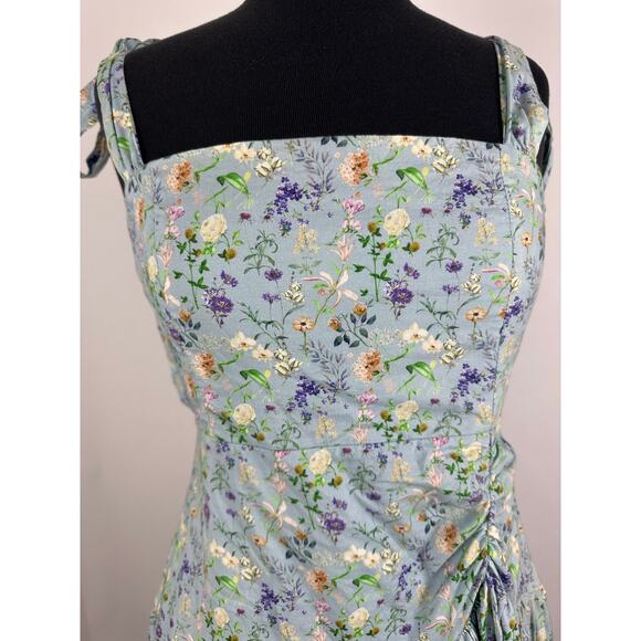 Mable Size Large Floral Drop Waist Mini Dress Ruched Pleated Tie Strap Cottage - Picture 3 of 12
